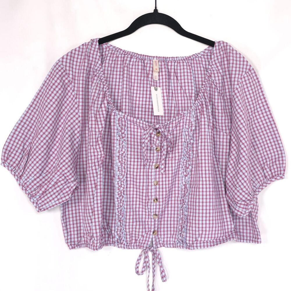 ANTHROPOLOGIE LYREBIRD New XL Crop Top Flannel ButtonDown Tie Front Red Plaid